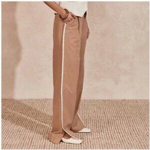 Anthropologie Mon Renn Lisle Embroidered Wide-Leg Pants Tan